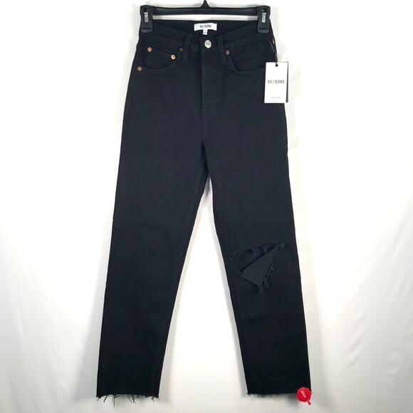 NEW Re Done 70s Stove Pipe Button Fly Jeans 24 Rip Torn Raw Fray Hem Knee Skater - Picture 2 of 11
